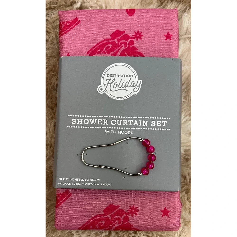 Destination Holiday Pink Shower Curtain Set with 12 Beaded Hooks 70x72 833276